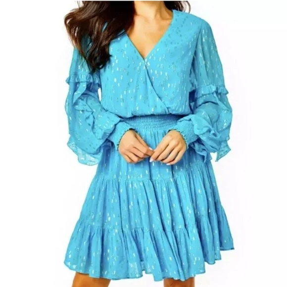 NWT Lilly Pulitzer Women's Turquoise Oasis Metallic Heline‎ Ruffle Dress - Picture 3 of 12